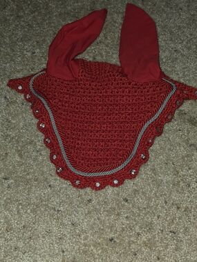 Red Crochet Ear Bonnet with Rhinestone Trim